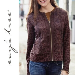 EVY'S TREE Leopars Knit Pieced Jacket, Lace Front Panel, Chocolate Brown, XL